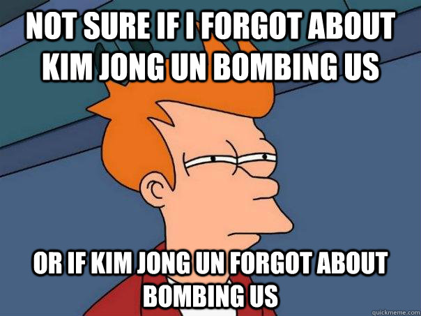 not sure if i forgot about kim jong un bombing us or if kim jong un forgot about bombing us  Futurama Fry