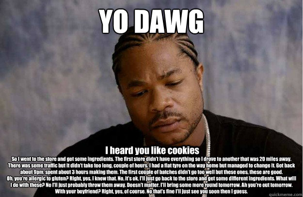 YO DAWG So I went to the store and got some ingredients. The first store didn't have everything so I drove to another that was 20 miles away. There was some traffic but it didn't take too long, couple of hours. I had a flat tyre on the way home but manage - YO DAWG So I went to the store and got some ingredients. The first store didn't have everything so I drove to another that was 20 miles away. There was some traffic but it didn't take too long, couple of hours. I had a flat tyre on the way home but manage  Anti Xzibit