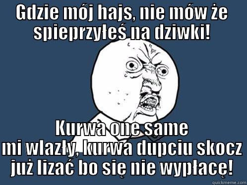 Gdzie mój hajs? - GDZIE MÓJ HAJS, NIE MÓW ŻE SPIEPRZYŁEŚ NA DZIWKI! KURWA ONE SAME MI WLAZŁY, KURWA DUPCIU SKOCZ JUŻ LIZAĆ BO SIĘ NIE WYPŁACĘ! Y U No