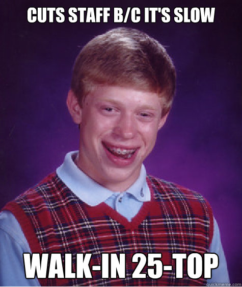 Cuts staff b/c it's slow walk-in 25-top  Bad Luck Brian