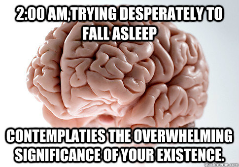 2:00 AM,trying desperately to fall asleep Contemplaties the overwhelming significance of your existence. - 2:00 AM,trying desperately to fall asleep Contemplaties the overwhelming significance of your existence.  Scumbag Brain