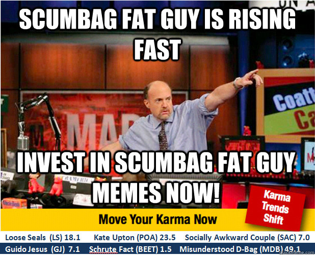 Scumbag fat guy is rising fast invest in scumbag fat guy memes now!  Jim Kramer with updated ticker