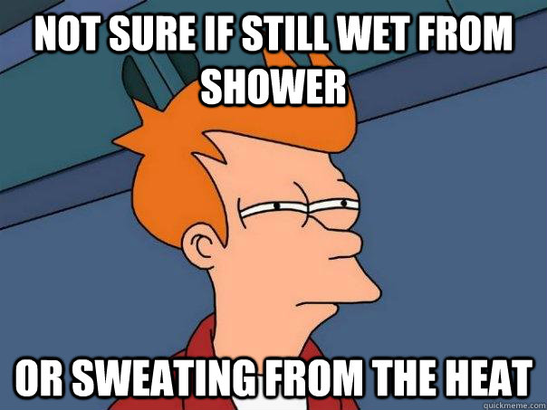 Not sure if still wet from shower Or sweating from the heat  Futurama Fry