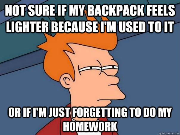 Not sure if my backpack feels lighter because I'm used to it Or if I'm just forgetting to do my homework - Not sure if my backpack feels lighter because I'm used to it Or if I'm just forgetting to do my homework  Futurama Fry