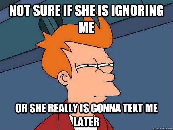 Not sure if she is ignoring me or she really is gonna text me later  Futurama Fry