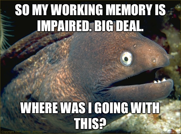 So my working memory is impaired. Big deal. Where was I going with this?  Bad Joke Eel