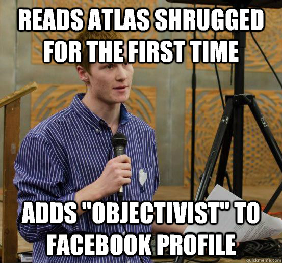 reads atlas shrugged for the first time Adds 