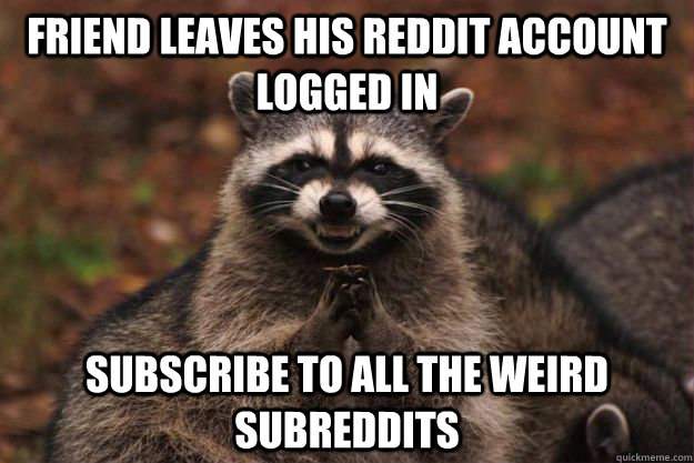 Friend leaves his reddit account logged in subscribe to all the weird subreddits  Evil Plotting Raccoon