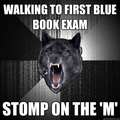 Walking to first blue book exam stomp on the 'm'  Insanity Wolf