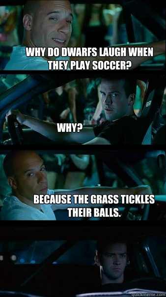 Why do dwarfs laugh when they play soccer? Why? Because the grass tickles their balls.  Fast and Furious