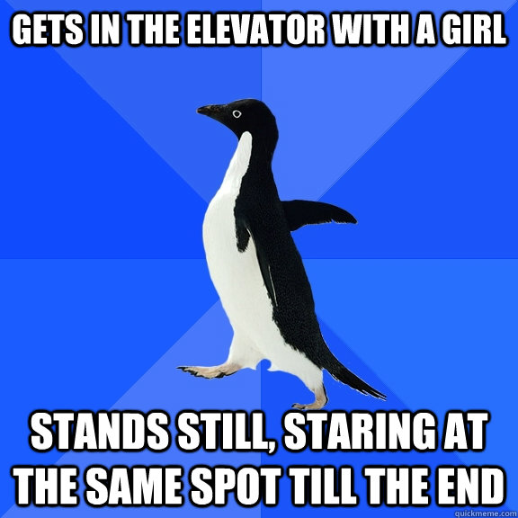 gets in the elevator with a girl stands still, staring at the same spot till the end  Socially Awkward Penguin