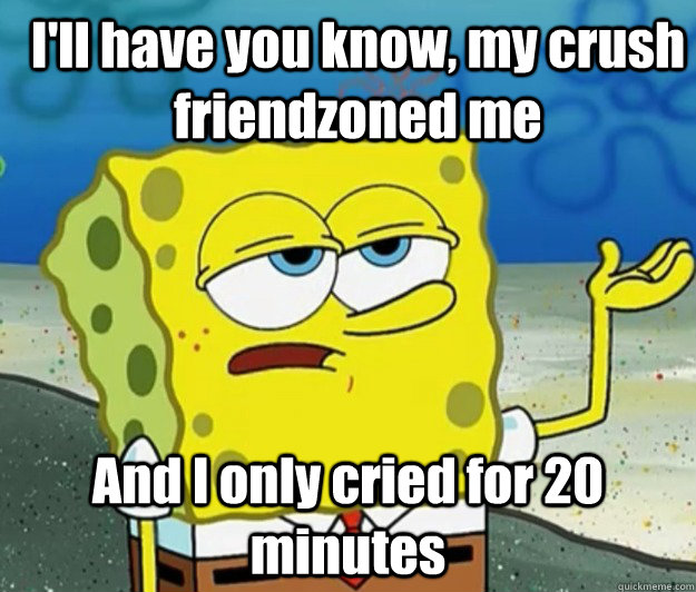 I'll have you know, my crush friendzoned me And I only cried for 20 minutes - I'll have you know, my crush friendzoned me And I only cried for 20 minutes  How tough am I