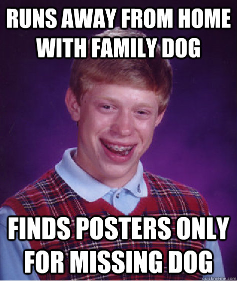 Runs away from home with family dog Finds posters only for missing dog  Bad Luck Brian