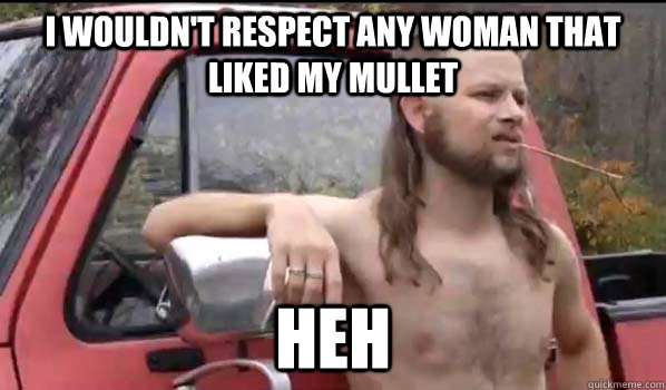 I wouldn't respect any woman that liked my mullet Heh  Almost Politically Correct Redneck