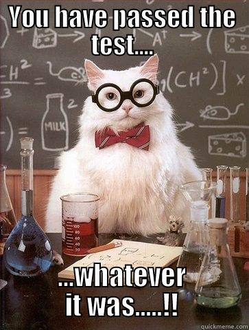 YOU HAVE PASSED THE TEST.... ...WHATEVER IT WAS.....!! Chemistry Cat