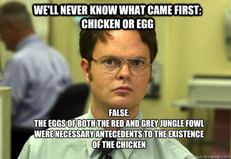 we'll never know what came first: chicken or egg FALSE.  
the eggs of both the red and grey jungle fowl were necessary antecedents to the existence of the chicken  Schrute