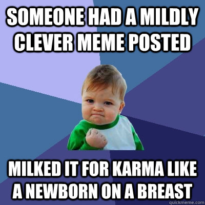 Someone had a mildly clever meme posted Milked it for karma like a newborn on a breast - Someone had a mildly clever meme posted Milked it for karma like a newborn on a breast  Success Kid