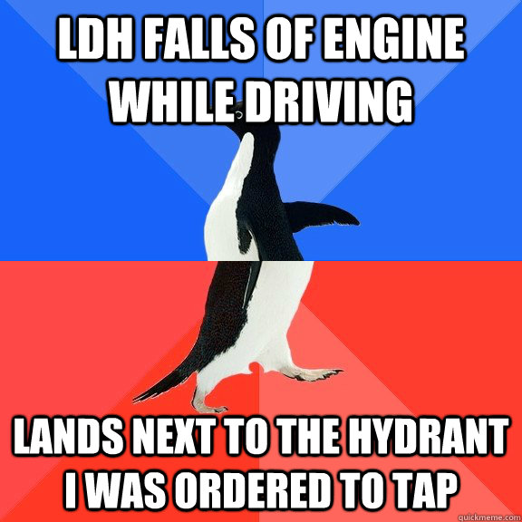 LDH falls of engine while driving lands next to the hydrant i was ordered to tap  Socially Awkward Awesome Penguin