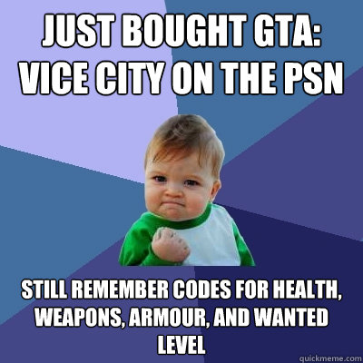 JUST BOUGHT GTA: VICE CITY ON THE PSN STILL REMEMBER CODES FOR HEALTH, WEAPONS, ARMOUR, AND WANTED LEVEL  Success Kid