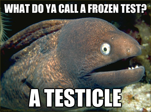 What do ya call a frozen test? a testicle  Bad Joke Eel