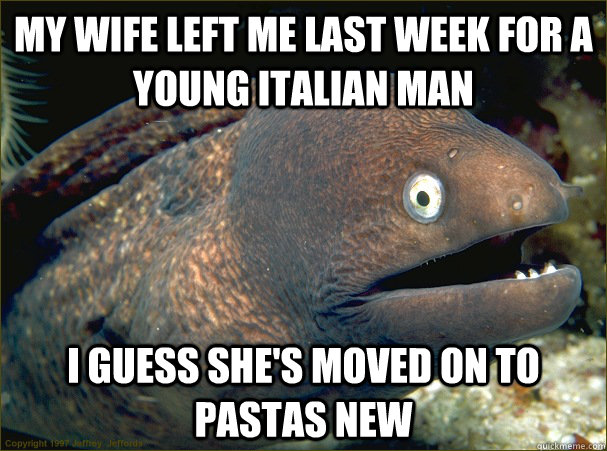 My wife left me last week for a young Italian man I guess she's moved on to pastas new  Bad Joke Eel