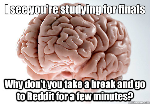 I see you're studying for finals Why don't you take a break and go to Reddit for a few minutes?  Scumbag Brain