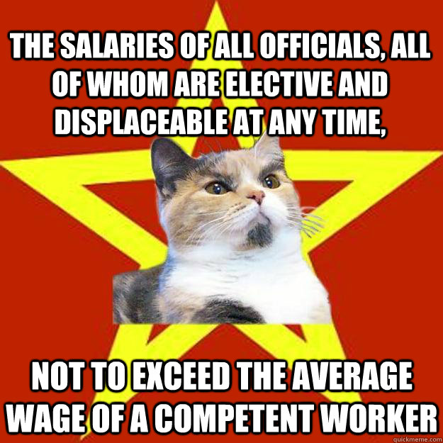 The salaries of all officials, all of whom are elective and displaceable at any time, not to exceed the average wage of a competent worker  Lenin Cat