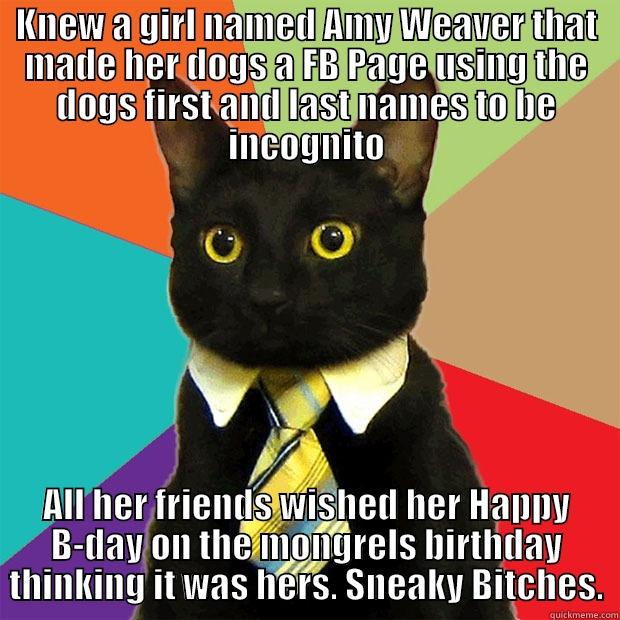 KNEW A GIRL NAMED AMY WEAVER THAT MADE HER DOGS A FB PAGE USING THE DOGS FIRST AND LAST NAMES TO BE INCOGNITO ALL HER FRIENDS WISHED HER HAPPY B-DAY ON THE MONGRELS BIRTHDAY THINKING IT WAS HERS. SNEAKY BITCHES. Business Cat