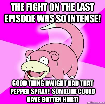 The fight on the last episode was so intense! Good thing dwight had that pepper spray!  Someone could have gotten hurt!  Slowpoke