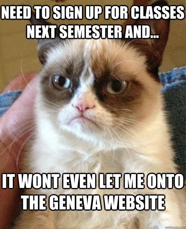 need to sign up for classes next semester and... It wont even let me onto the Geneva Website  Grumpy Cat