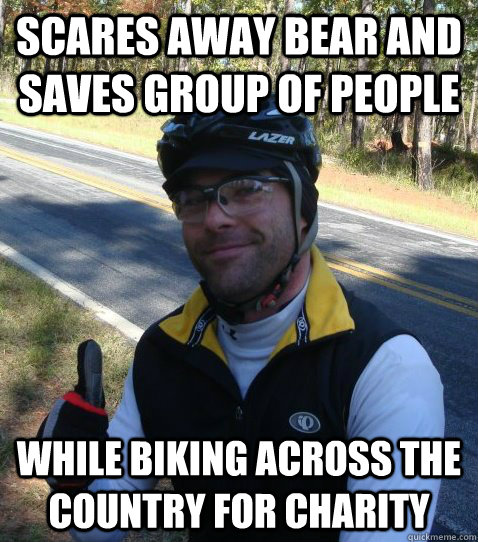 Scares away bear and saves group of people While biking across the country for charity  