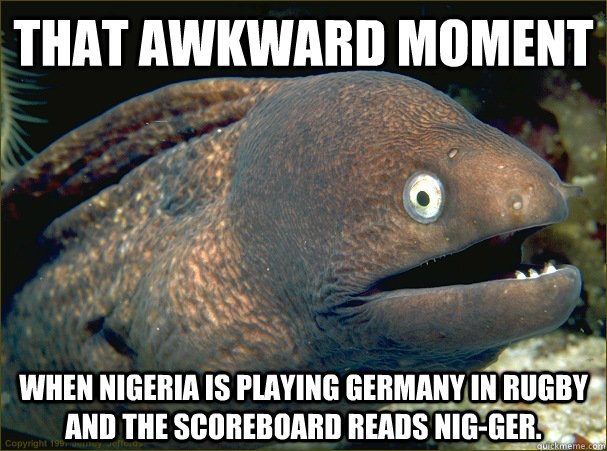 that awkward moment when nigeria is playing germany in rugby and the scoreboard reads nig-ger.  Bad Joke Eel