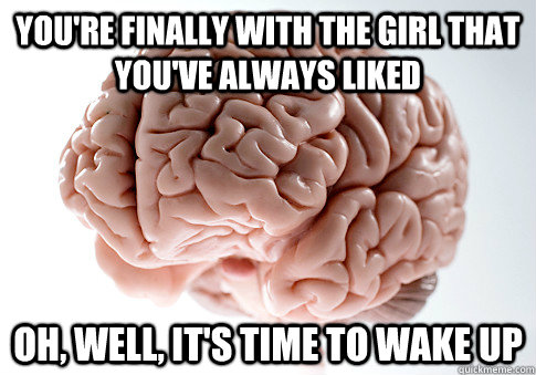 You're finally with the girl that you've always liked Oh, well, it's time to wake up  Scumbag Brain