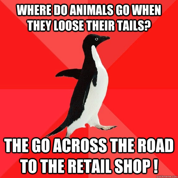 where do animals go when they loose their tails? The go across the road to the retail shop !  Socially Awesome Penguin