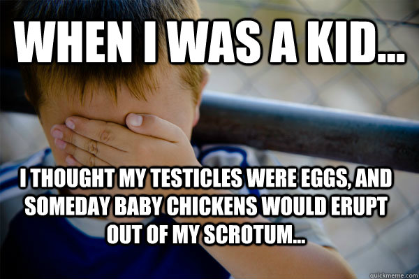 WHEN I WAS A KID... I thought my testicles were eggs, and someday baby chickens would erupt out of my scrotum...  Confession kid