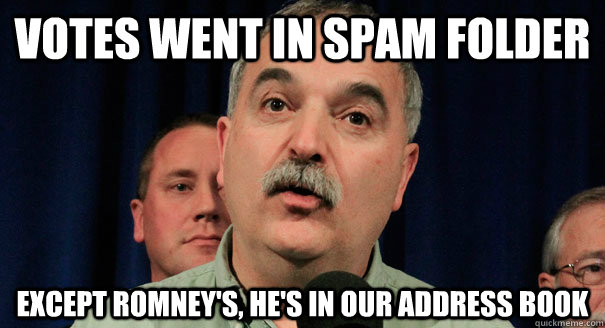 votes went in spam folder Except Romney's, he's in our address book  