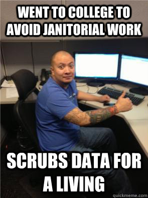 Went to college to avoid janitorial work scrubs data for a living  