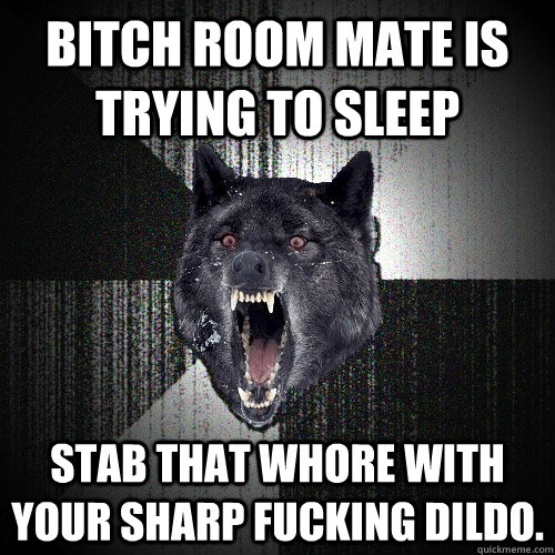 BITCH ROOM MATE IS TRYING TO SLEEP stab that whore with your sharp fucking dildo.  Insanity Wolf