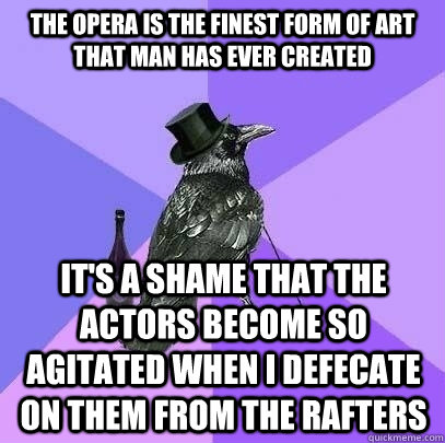 the opera is the finest form of art that man has ever created it's a shame that the actors become so agitated when i defecate on them from the rafters  Rich Raven