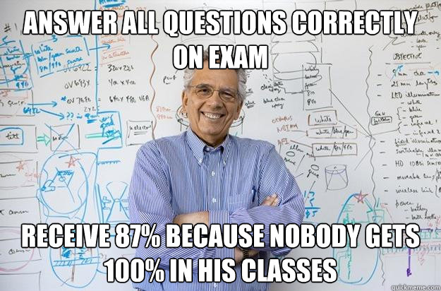 Answer all questions correctly on exam Receive 87% because nobody gets 100% in his classes  Engineering Professor