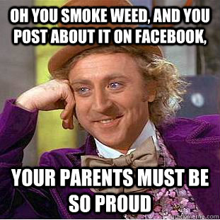 oh you smoke weed, and you post about it on facebook, your parents must be so proud - oh you smoke weed, and you post about it on facebook, your parents must be so proud  Condescending Wonka