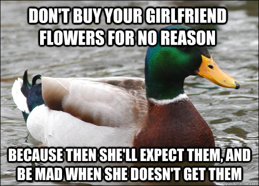 Don't buy your girlfriend flowers for no reason Because then she'll expect them, and be mad when she doesn't get them - Don't buy your girlfriend flowers for no reason Because then she'll expect them, and be mad when she doesn't get them  Actual Advice Mallard