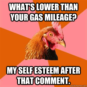 What's lower than your gas mileage? My self esteem after that comment.  Anti-Joke Chicken