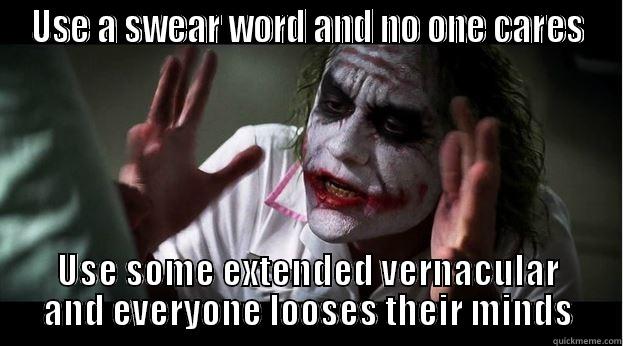 USE A SWEAR WORD AND NO ONE CARES USE SOME EXTENDED VERNACULAR AND EVERYONE LOOSES THEIR MINDS Joker Mind Loss