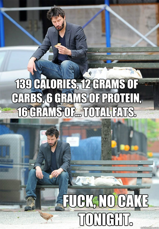 139 calories, 12 grams of carbs, 6 grams of protein,  16 grams of... total fats.  Fuck, no cake tonight.  Sad Keanu