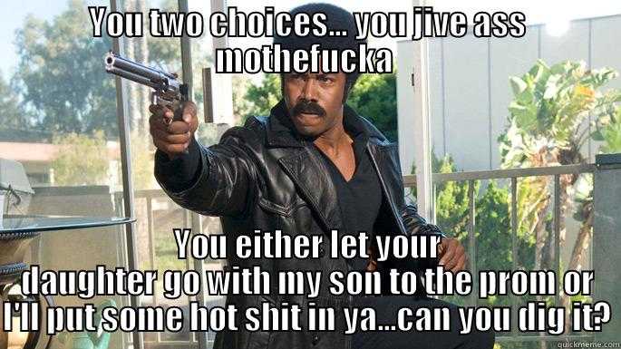 What would Black Dynamite do? - YOU TWO CHOICES... YOU JIVE ASS MOTHEFUCKA  YOU EITHER LET YOUR DAUGHTER GO WITH MY SON TO THE PROM OR I'LL PUT SOME HOT SHIT IN YA...CAN YOU DIG IT? Misc