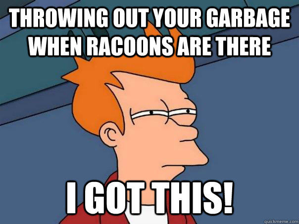 throwing out your garbage when racoons are there i got this! - throwing out your garbage when racoons are there i got this!  Futurama Fry