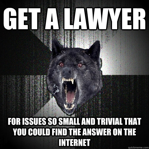 Get a Lawyer for issues so small and trivial that you could find the answer on the internet  Insanity Wolf