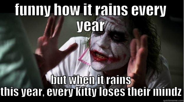 FUNNY HOW IT RAINS EVERY YEAR BUT WHEN IT RAINS THIS YEAR, EVERY KITTY LOSES THEIR MINDZ Joker Mind Loss