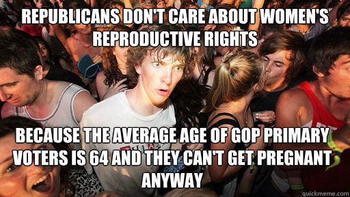 Republicans don't care about women's reproductive rights  because the average age of GOP primary voters is 64 and they can't get pregnant anyway   Sudden Clarity Clarence